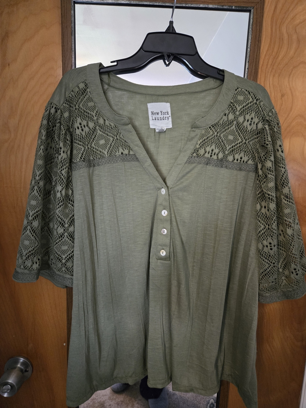 New York Laundry Olive Green Lace Sleeve Henley Top